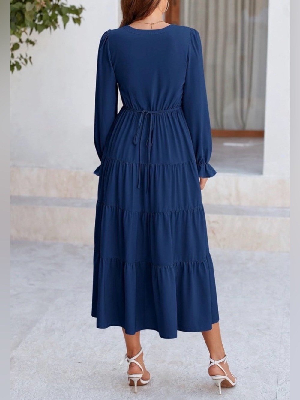 NWT Puff Sleeve Smocked Maxi Dress Flowy Tiered Navy sz S - Picture 2 of 4